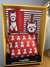 MARC TETRO PASSPORT CASE-LUGGAGE TAG-COSMETIC BAG-RED W/WHITE DOG. NEW