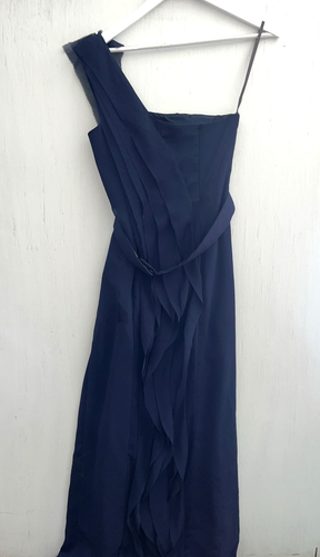 WHITE by VERA WANG Navy One Shoulder Ruffle Trail Maxi Dress Slit Front Size 8 - Picture 7 of 10