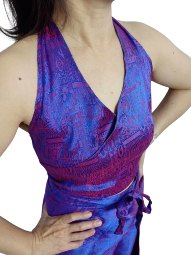 Women's Halter Neck Tank Top Purple Jacquard Thai Silk Blend Sleeveless Backless - Picture 8 of 11