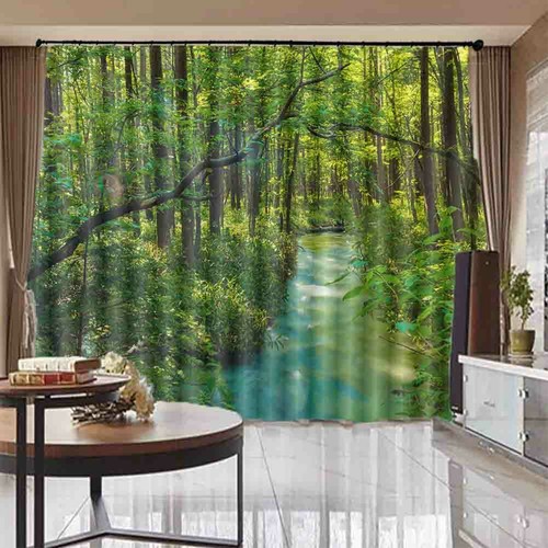 Green Forest  Long River 3D Blockout Photo Print Curtain Fabric Curtains Window - Imagen 1 de 10