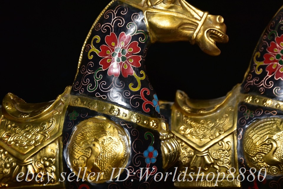 12.8" Old Chinese Bronze Gilt Cloisonne Fengshui Zodiac Black Horse