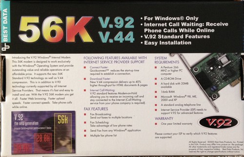 BEST DATA 56K WINDOWS INTERNAL PCI MODEM, V.92/V.44 - UNUSED, NEW IN BOX - Picture 2 of 2