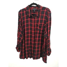Lane Bryant Shirt Top Plus 22 24 Long Plaid Button Down Roll Christmas Red Black
