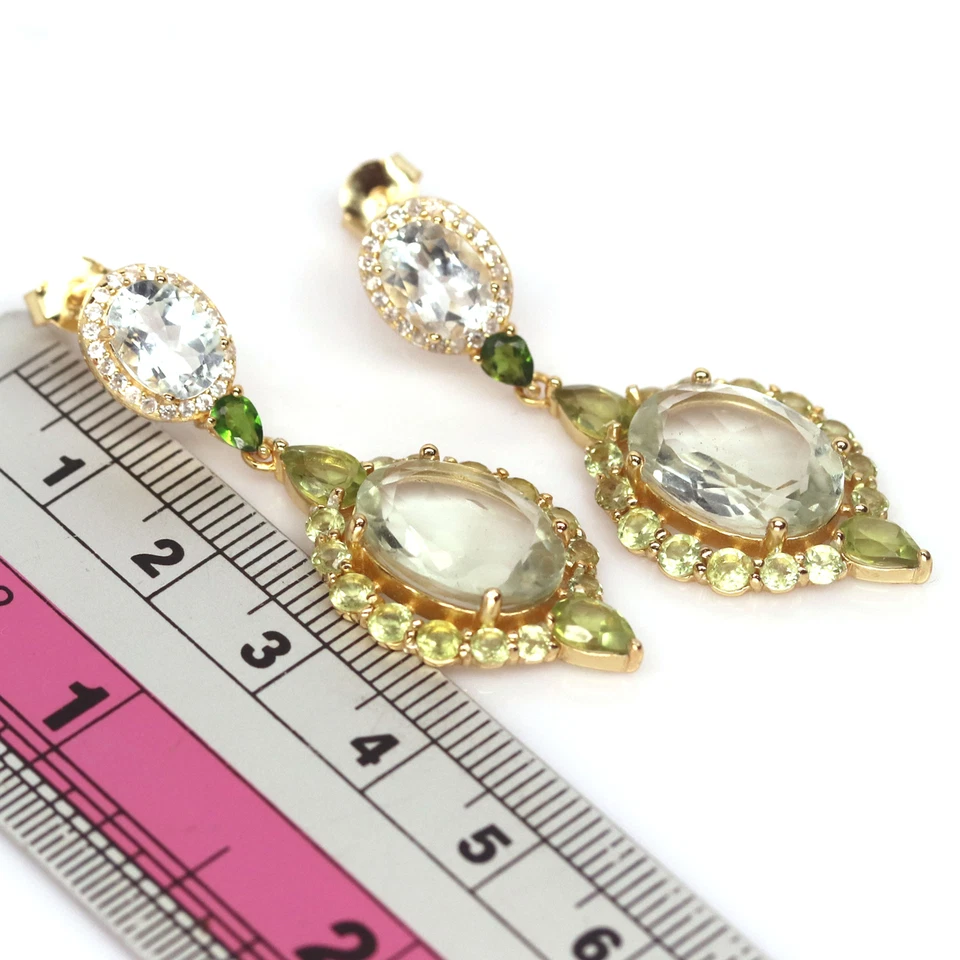 Gmestone 10 X 14 Mm. Green-Amethyst Peridot Topas Diopsid Ohrringe 925 Silber - Bild 2 von 4