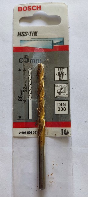 Bosch 2608596701 HSS Titanium Drill 5mm diam.52mm flute.86mm overall length. Bosch 2608596701 HSS Titanium Drill 5mm diam.52mm flute.86mm overall length.