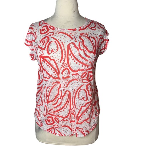 C&C California Flügelärmel Bluse 100% Leinen Blumen Palmblätter rot/weiß Medium