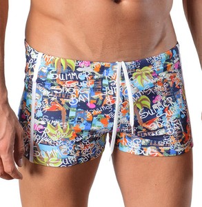 Geronimo Mens Swimwear Square cut Swimming suit Blue Green Floral Swimming Beach