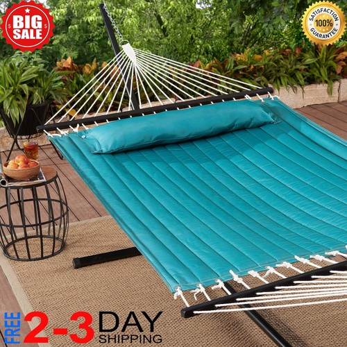 Outdoor Camping Quilted Double Hammock w/ Pillow 445 lb Capacity Heavy duty NEW - Picture 1 of 21