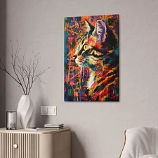 Canvas Stretched, "24X36 inch". Explosive mix of colors, ideal for cat lovers.