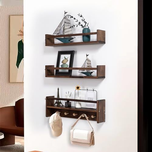 16 Inch Nursery Book Shelves Wall Floating Bookshelf with Hook Deep Walnut - Picture 2 of 6