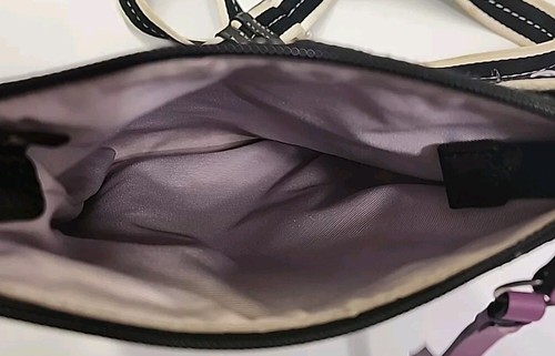 Coach Swingpack Crossbody Bag Black Satin W/ Stripe Fabric Strap Purple Charm - Picture 8 of 12