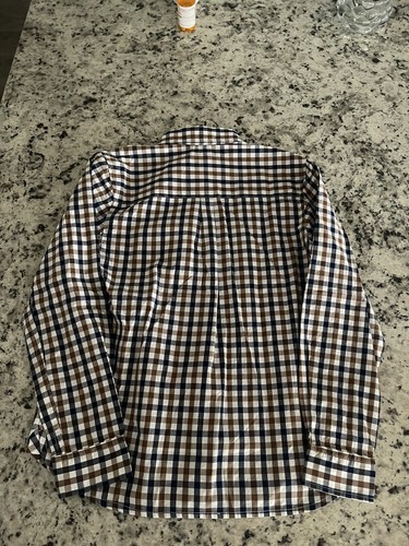 E Land Boys Long Sleeve Dress Shirt Size 12 Navy Light Brown White Plaid - Picture 2 of 4