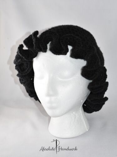 Handmade Women's Crochet Ruffle Brim Bucket Hat Cloche Cap Chemo Cap Black 22 in - Picture 2 of 6