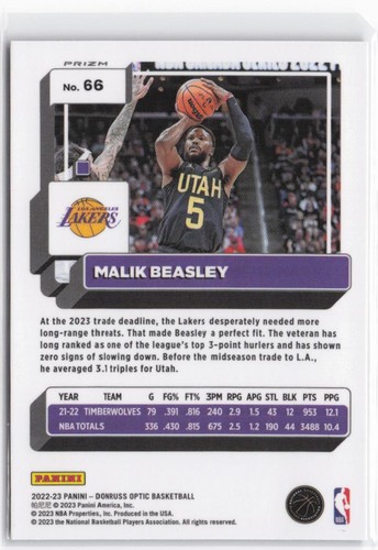 2022-23 Donruss Optic Malik Beasley #66 Purple Holo Prizm - Picture 2 of 2