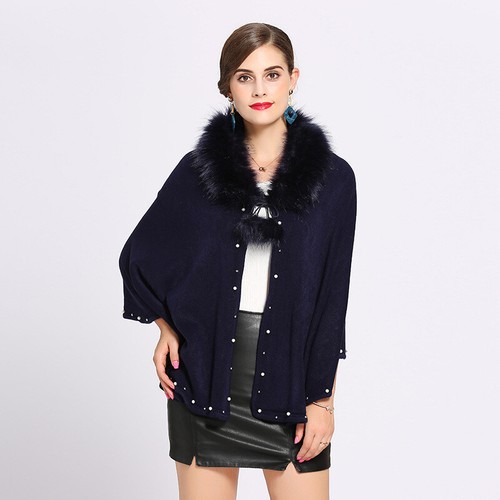 Women Warm Cardigan Cloak Outerwear Shawl Faux Fur Collar Poncho Wrap Shawl Cape - Picture 10 of 26
