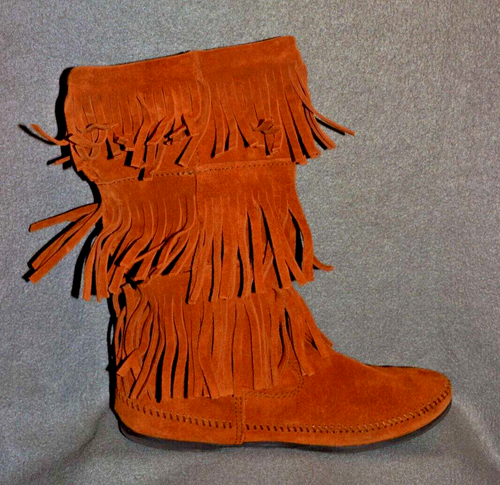 Minnetonka Moccasin Brown Suede Women's 9 Boots 3 Layer Tiered Fringe 1632 - Picture 5 of 14