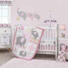 3-Piece Crib Bedding Set Elephant Eloise Pink Gray White Animals Girls Nursery