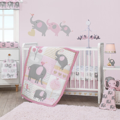 3 Piece Crib Bedding Set Elephant Eloise Pink Gray White Animals
