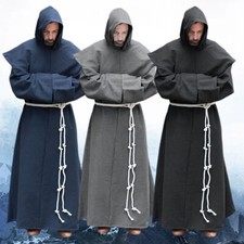Men Halloween Medieval Retro Priest Monk Long Sleeve Hooded Robe Cosplay Costume