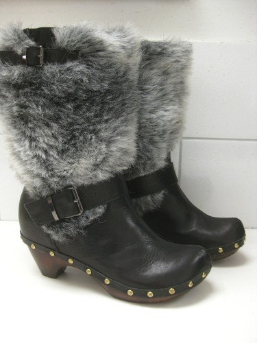 FUR TOP BOOTS 3 black italian leather wood heel studs steampunk military HASSAN - Picture 4 of 13