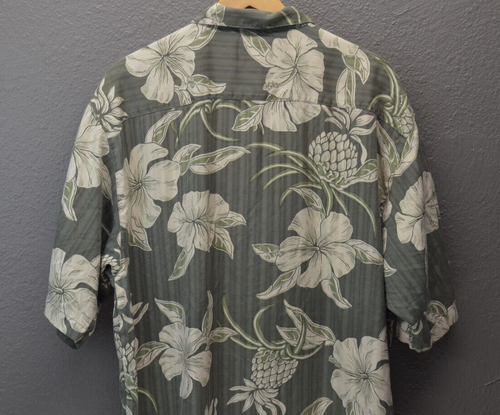 Tommy Bahama Silk Hawaiian Shirt Mens L Olive Green Pineapple All Over Print - Picture 8 of 15