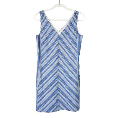 Draper James Blue Stripe Dress Women s Size 4 Linen Sleeveless Coastal