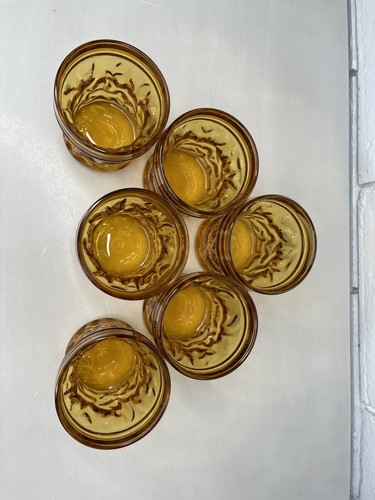 VTG Bormioli "Bahia" Italian Amber Tumbler Glasses Bark Texture Set Of 6 MCM - Picture 3 of 8