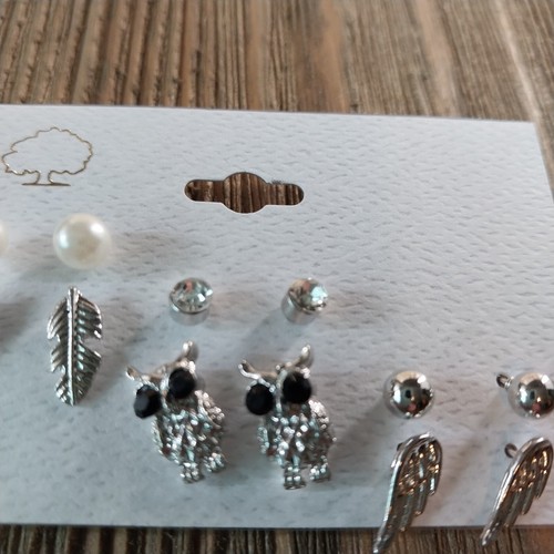 Owls Feathers Angel Wings Rhinestone Silver Tone Earrings Jewelry Set Of 6 - Picture 4 of 6