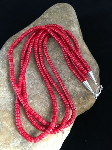 Rote Koralle stabilisiert 3 Stränge Navajo Sterlingsilber Heishi Halskette 01778 - Bild 3 von 12