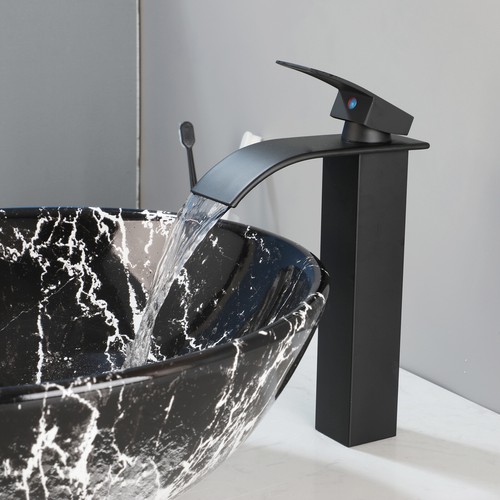 Fregadero de lavabo de cerámica redondo y grifo mezclador negro montado en la cubierta - Imagen 8 de 11