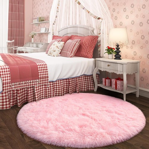 Blush Round Rug for Bedroom,Fluffy Circle Rug 5'X5' for Kids Room,Furry Carpet - Picture 7 of 9