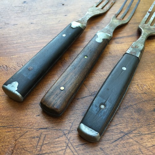 Set of 3 Antique Civil War Era Steel, Pewter & Wood 3 / 4 Tine Meal Forks - Picture 2 of 10