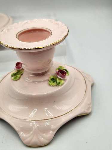 Pretty pair of pink bone china candle holders pink applied roses staffordshire - Picture 9 of 14