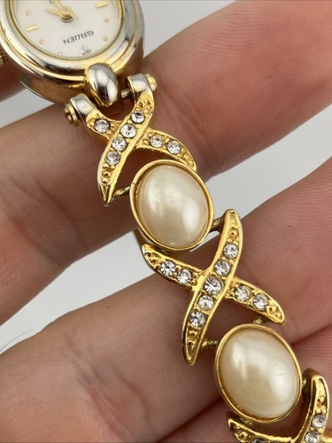 Vtg Gruen Ladies 19mm Watch Gold Tone Faux Pearl Band White Dial 6.5" - RUNS - Picture 10 of 20