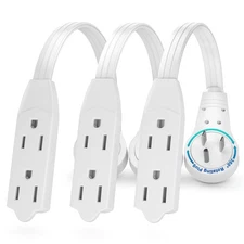 3 Pack White 0.5 Ft 360 Rotating Flat Plug Extension Cord, 16/3, 3 Outlet
