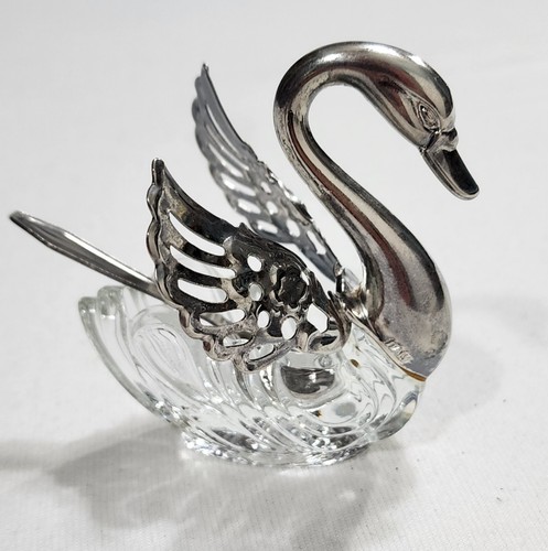 3 Swan Open Salt Cellars Crystal Silverplate Hinged Wings Salt Spoon Vtg 80's - Picture 2 of 18