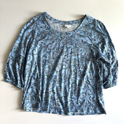 J Jill Paisley Top Womens XL Blue Cotton Tee 3/4 Sleeve Tencel Soft Boho Print