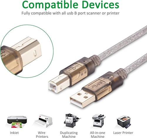 Printer Cable 30Ft,2.0 Scanner 30 Ft/10M, Translucent silver - Afbeelding 5 van 7