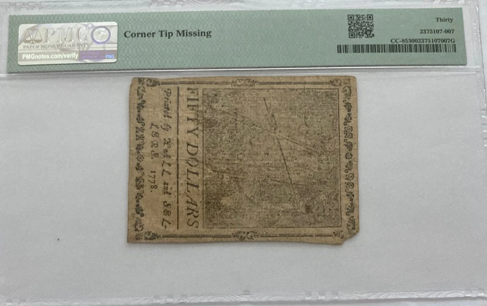 Fr. CC-85 , Sept 26 1778 $50 Continental Currency, "Perennis", PMG 30 VeryFine - Image 3 of 4
