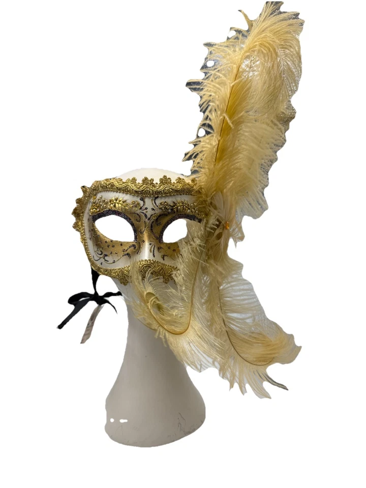 Venice Hand Painted Mask La Maschera Del Galeone, Italy Masquerade Gold Feathers - Image 2 of 4