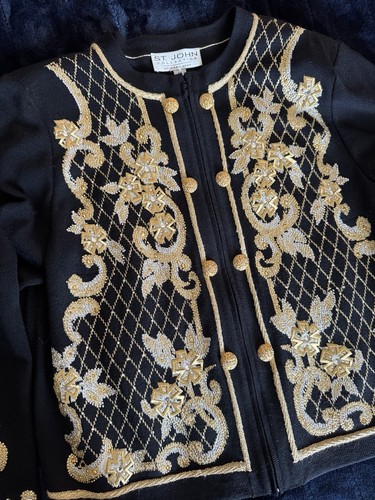 St John Collection by Marie graue Strickjacke schwarz gold bestickt Urlaub 14 XL - Bild 3 von 12