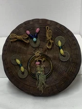 Vintage Decorated Chinese Sewing Basket 7" Glass Ring & Beads Tassels Coins