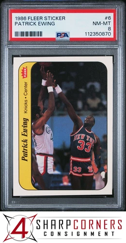 1986 FLEER STICKER #6 PATRICK EWING RC KNICKS HOF PSA 8