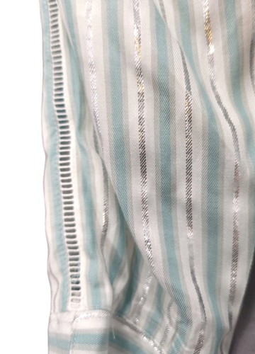 Adrienne Vittadini Metallic Silver & Green Stripe Button Up Blouse Size M Rayon - Picture 5 of 16