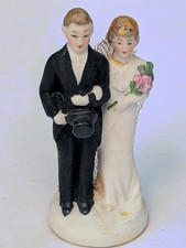 Ceramic Bride and Groom Wedding Cake Topper Hand Painted Vintage 3" Tall