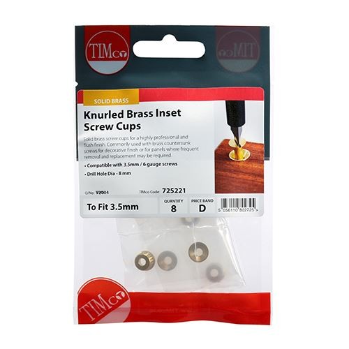 TIMCO Knurled Brass Inset Screw Cups To fit 3.5 Screw Pack 8