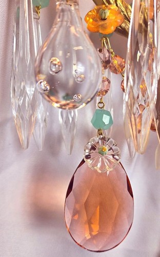 16 x 19 Vintage Shabby Chic Bird Crystals and Brass Sconce 2 Lights Silk Shades - Picture 7 of 9