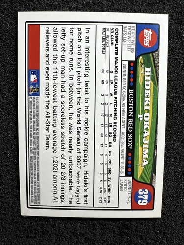 Hideki Okajima #379 2008 Topps Béisbol Cantidad Boston Red Sox - Imagen 2 de 2
