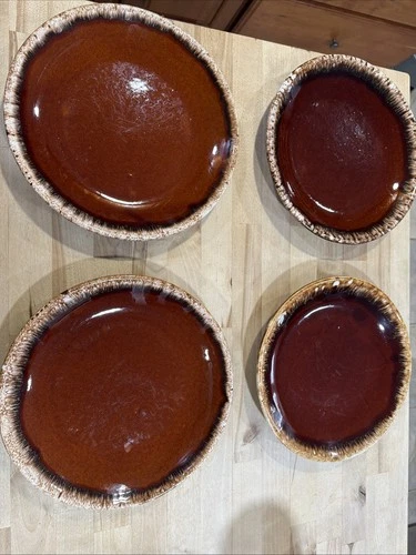 Vtg  MCM Hull Pottery Brown Drip 10 1/2" Plates Set of 4 Oven Proof USA