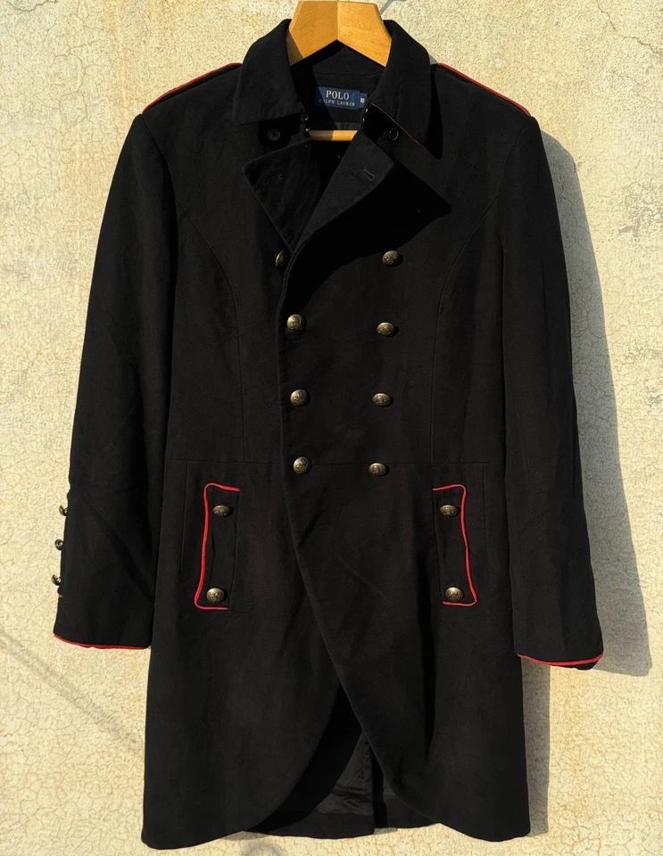 VTG POLO Ralph Lauren Black Wool Military Style Coat Jacket Trim Brass Buttons M - Image 2 of 4